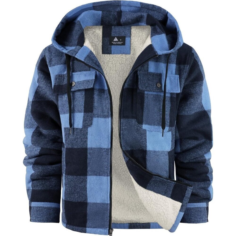 Men's Blue Fleece Sherpa Lined Plaid Jackets Full Zip Up Hoodie Outwear